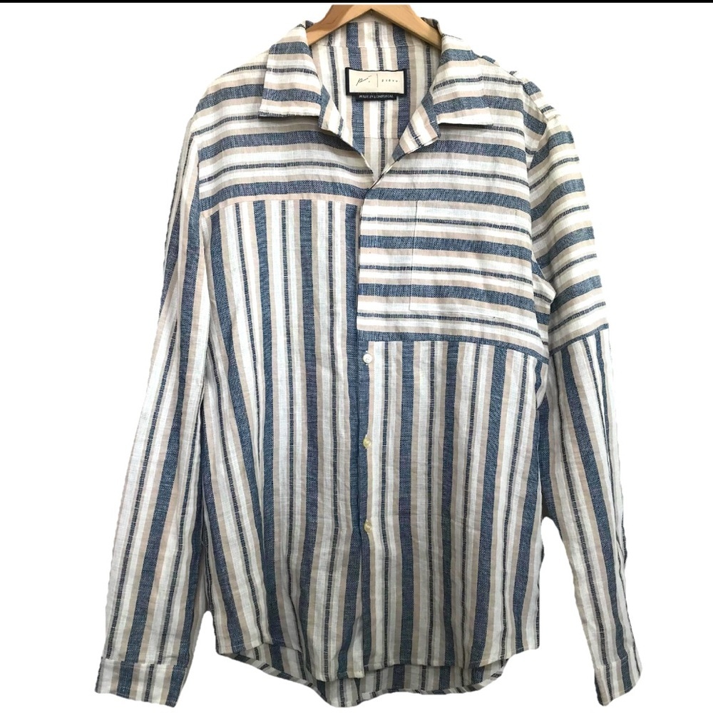 PREVU Made in London Multicolor Striped Linen Blend Shirt Mens XL Long Sleeve